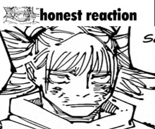 a black and white drawing of a girl 's face with the words `` honest reaction '' above it .