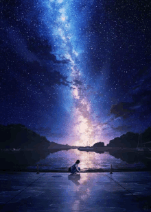 a painting of a person kneeling on a dock under a starry sky