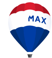 a red white and blue hot air balloon has the word max on it