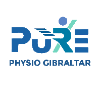 a logo for pure physio gibraltar with a blue letter p