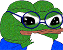 a green frog wearing glasses and a blue shirt is holding a piece of paper in its mouth .