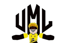 a cartoon character in a yellow shirt with the letters uml on the bottom