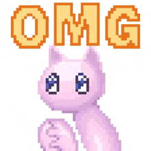 a pixel art of a cat with the word omg written above it .