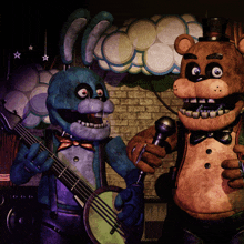 bonnie playing a guitar and foxy holding a microphone