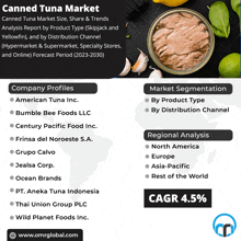 an advertisement for canned tuna market with company profiles and regional analysis