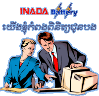 an ad for inada battery shows a man and a woman looking at a computer