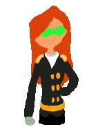 a cartoon drawing of a girl with red hair wearing a black jacket and green goggles