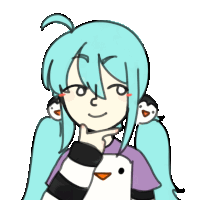 a drawing of a girl with blue hair and penguins on her head