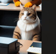 a brown and white cat sitting at a desk with a box in front of it