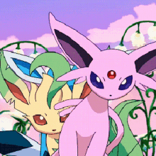 a pink pokemon with a blue eye is standing next to a yellow pokemon