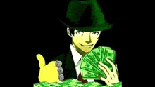 a man wearing a green hat is holding a bunch of money and giving a thumbs up .