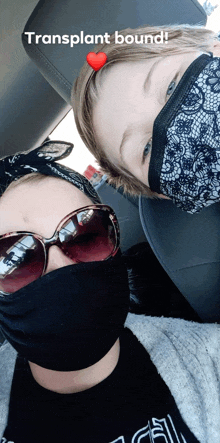 two women wearing face masks with the words transplant bound on the bottom