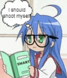 a girl with blue hair and glasses is holding a book and saying i should shoot myself .