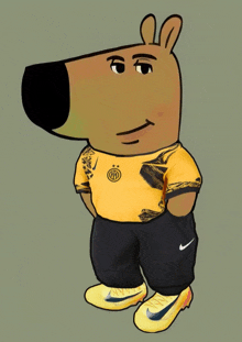 a cartoon drawing of a bear wearing a yellow shirt and black pants