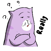 a cartoon drawing of a purple cat with a question mark above its head and the word really below it