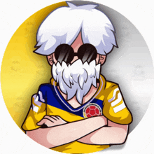 a cartoon of a man with a beard wearing sunglasses and a yellow and blue jersey