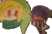 a drawing of link and a drawing of a boy with a purple scarf