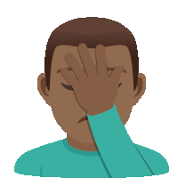 a man in a blue shirt is covering his eyes with his hand