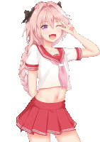 a girl with pink hair is wearing a red skirt and a white shirt