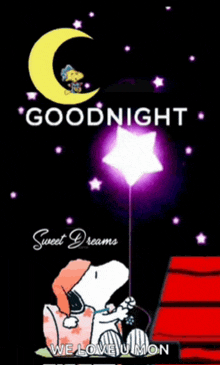 snoopy is holding a star in his hand and says goodnight sweet dreams we love u mon