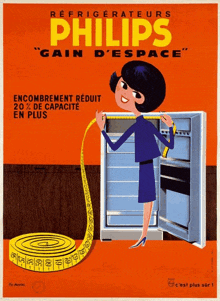 an advertisement for philips refrigerators with a woman measuring it