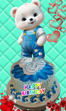 a teddy bear is standing on top of a birthday cake