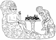 a black and white drawing of two men playing chess on a tree trunk .