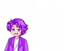 a cartoon of a boy with purple hair wearing a purple jacket and white shirt .