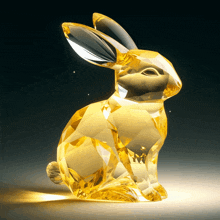 a glass rabbit with a black background is sitting on a table