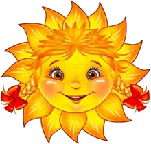 a cartoon illustration of a smiling sun with braids in its hair