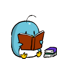 a penguin is reading a book next to a pile of books