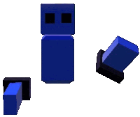 a blue block with two black squares on it 's face is sitting on a white surface .