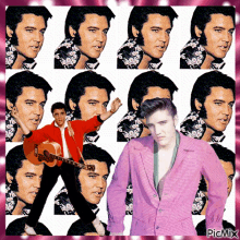 a collage of elvis presley 's faces with one of them in a pink jacket