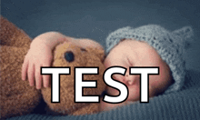 a baby is sleeping next to a teddy bear and the word test is above them