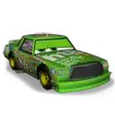 a green race car from the movie cars with a green windshield and a yellow tire .