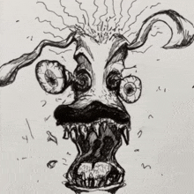 a black and white drawing of a dog 's face with a large mouth