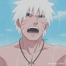 a shirtless anime character with white hair and a necklace .