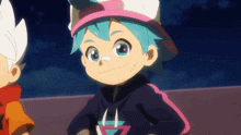 a cartoon character with blue hair and a pink hat