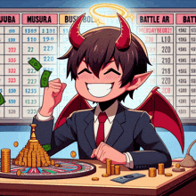 a cartoon of a devil with horns and wings sitting at a table with coins and a roulette wheel