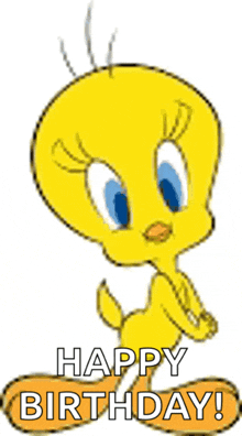 a tweety bird says happy birthday with a thumbs up