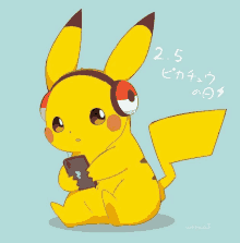 a drawing of a pikachu wearing headphones with 2.5 written below it