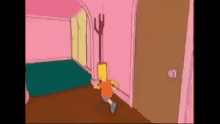 bart simpson is running through a pink room with a coat rack .