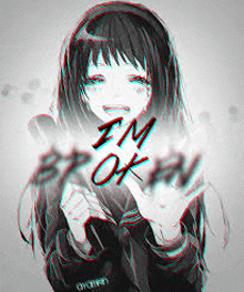 a black and white drawing of a girl with the words " i 'm ok " written on her face