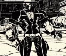 a black and white drawing of a man with a gun