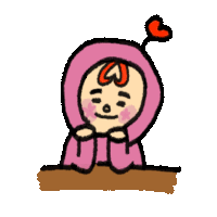 a drawing of a baby wearing a pink hood with a heart on its head