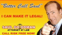 an advertisement for saul goodman attorney at law shows a man pointing