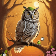 an owl with a green hat sits on a branch