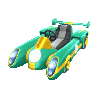 a green and yellow car with a steering wheel