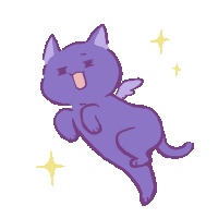 a drawing of a purple cat with wings and stars around it