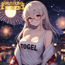 a girl with glasses and a tank top that says ' togel '